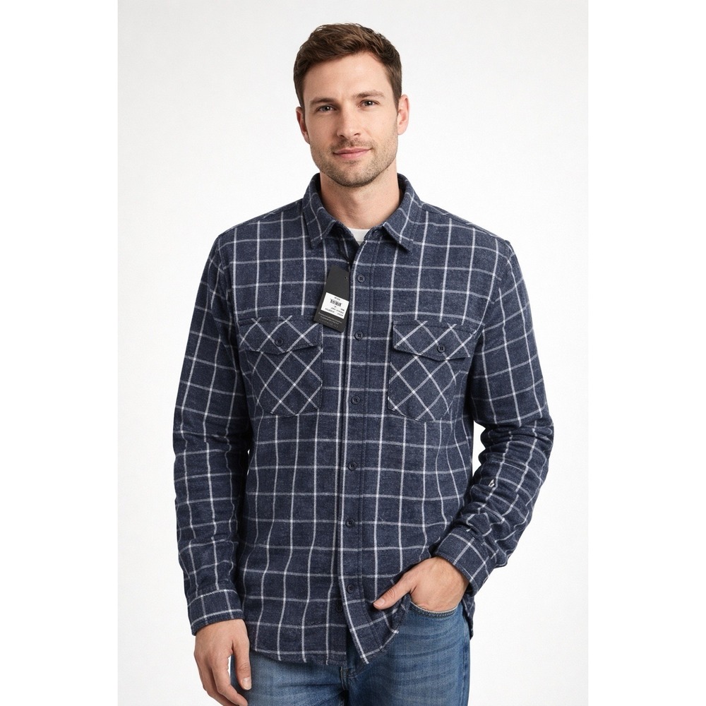 PX Clothing Men's Plaid Flannel Button-Up Shirt Navy White Windowpane Size M NWT